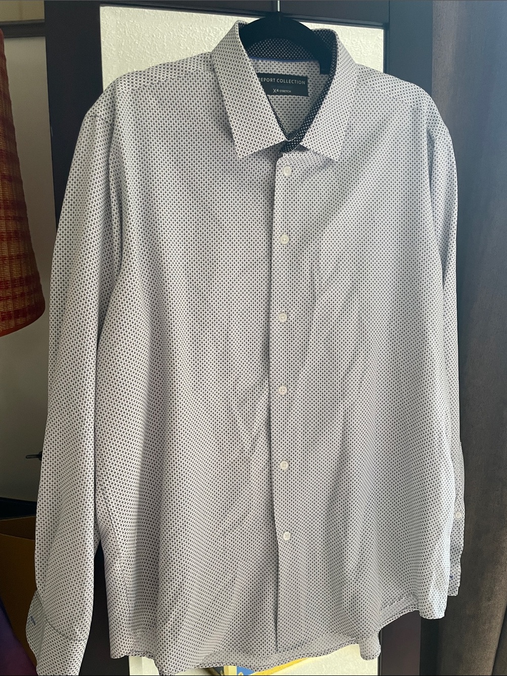 Report Collection Men's White Shirt with Navy Microdot Pattern